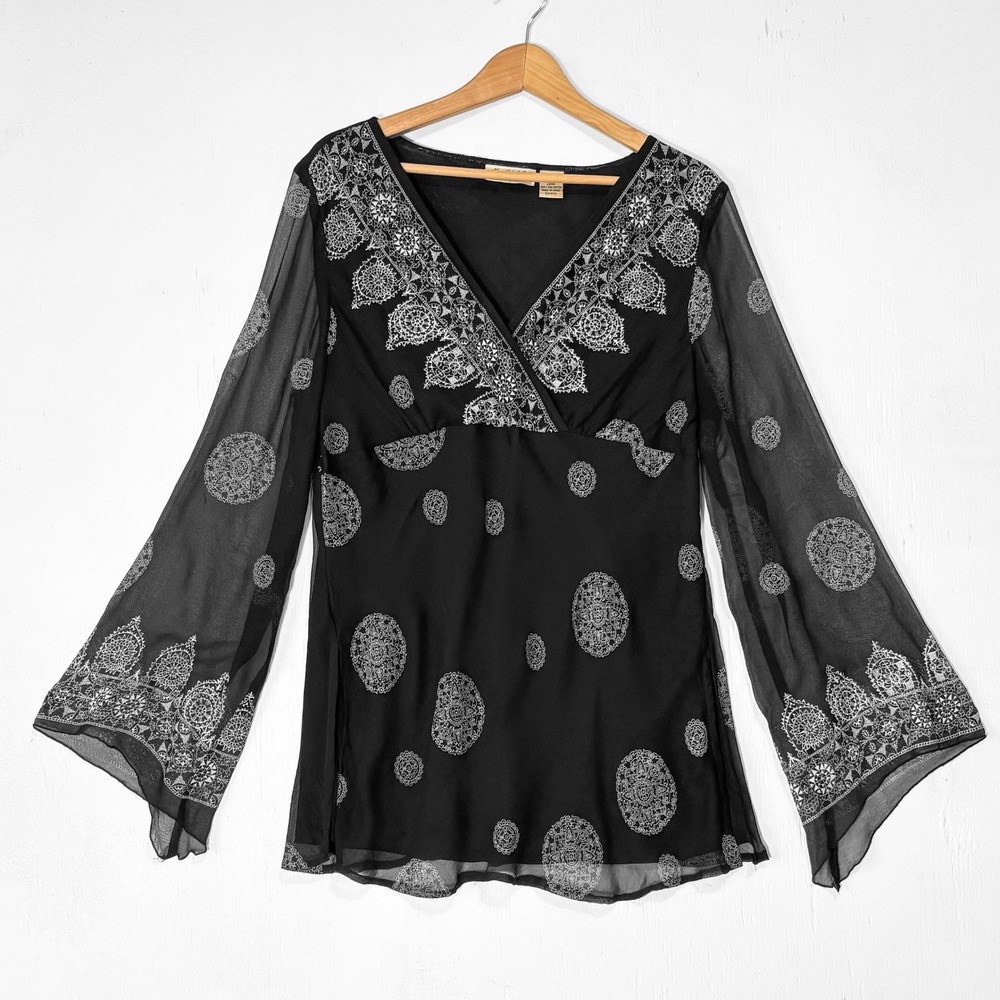 VTG‎ 90s Silk Mandala Print Bell Sleeve Blouse Womens L Witchy Whimsygoth